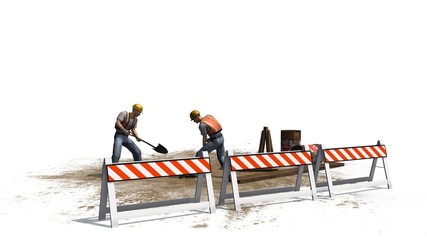 Construction worker behind roadblock on white background