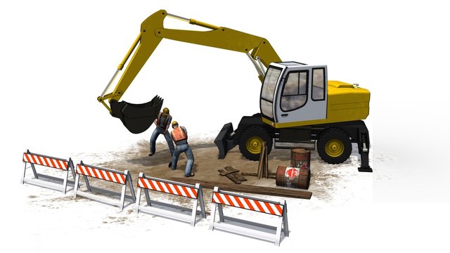 Excavators, construction worker and roadblock  white background