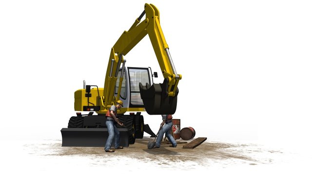 Excavators and construction worker isolated on white background
