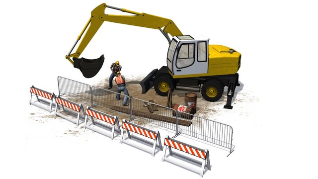 Excavators and construction worker with shovel behind roadblock