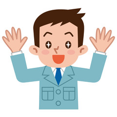 目を輝かせて喜ぶ若い男性　作業着