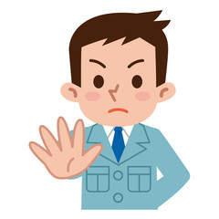 拒否する若い男性　作業着