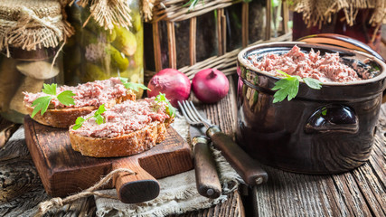 Tasty sandwich made of pate with parsley