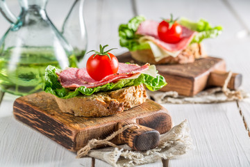 Delicious salami with tomato and lettuce