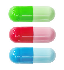 Set of red, blue, green medical pill tablet isolated