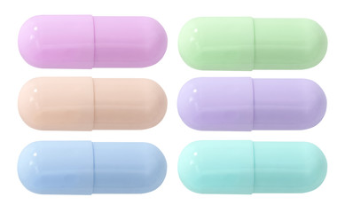 Set of pink, lilac, blue, green medical pill tablet