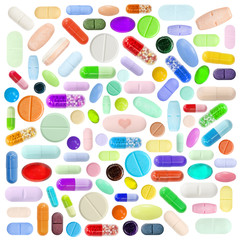 Bright multi-colored drugs, medical pill tablet 