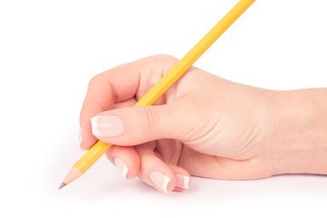 a pencil in a hand is isolated on a white background
