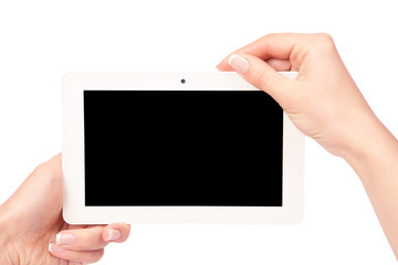 tablet computer isolated in a hand on the white backgrounds