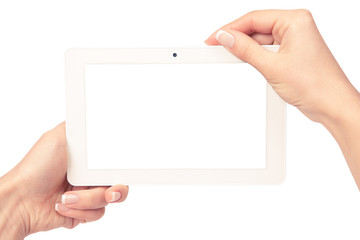 Obraz premium tablet computer isolated in a hand on the white backgrounds