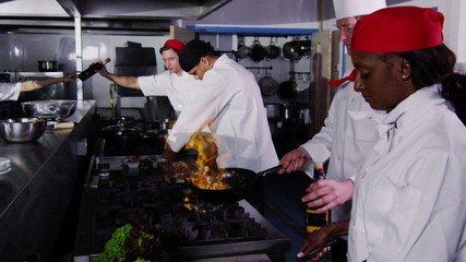 Team of professional chefs preparing and cooking food in a commercial kitchen.