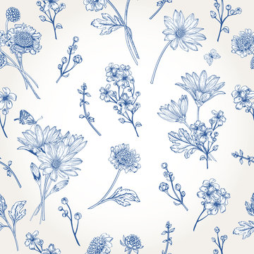 Seamless pattern with blue flowers.