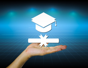 Diploma certificate icon, graduate hand on blue background. Concept of dream, education, success, achievement and knowledge from school, college or university. Take document roll, ribbon and hat. 