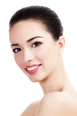 Obraz premium Beautiful girl with clean fresh skin, white background