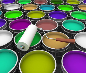 3d illustration of open buckets with a paint and roller