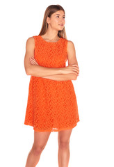 Girl in orange dress on white background