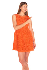 Girl in orange dress on white background