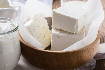 Dairy products on wooden table
