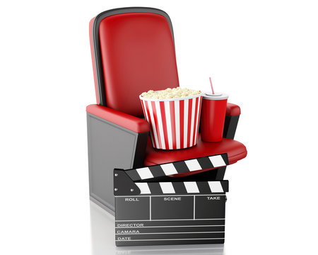 3d Cinema clapper board, popcorn and drink.