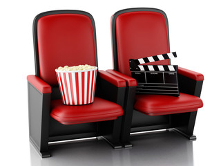 Obraz premium 3d Cinema clapper board and popcorn on theater seat.