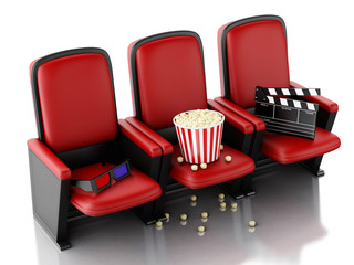 Fototapeta premium 3d Cinema clapper board and popcorn on theater seat.