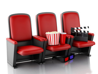 Fototapeta premium 3d Cinema clapper board, popcorn and drink on theater seat.