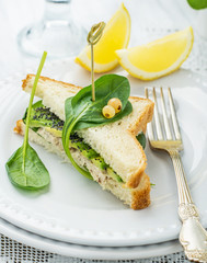 Appetizing sandwich with chicken, spinach, avocado and poppy
