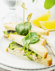 Appetizing sandwich with chicken, spinach, avocado and poppy