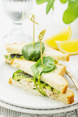 Appetizing sandwich with chicken, spinach, avocado and poppy