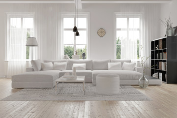 Modernes geräumiges Wohnzimmer im skandinavischen Design