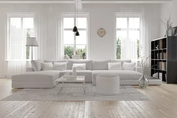 Foto op Plexiglas Modernes geräumiges Wohnzimmer im skandinavischen Design © XtravaganT