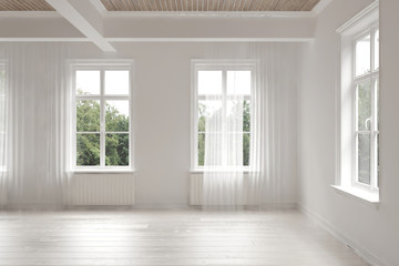 Empty stark white monochrome loft room