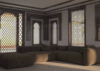 Living room interior with ornate window grills
