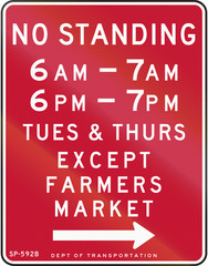 US traffic sign: No standing in specified time except farmers market, New York City