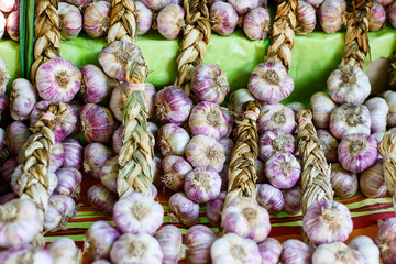 French garlic display in market in south of France,