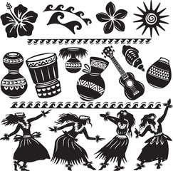 Hawaiian Set with dancers and musical instruments - obrazy, fototapety, plakaty