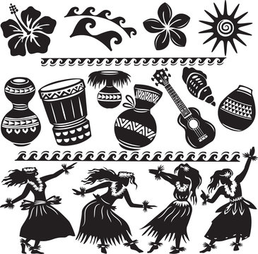 Naklejka Zestaw hawajski z tancerzami i instrumentami muzycznymi