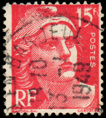 Stamp printed in France shows Marianne