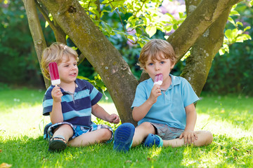 Two little sibling boys eating red ice cream in home's garden.