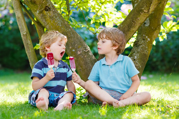 Two little sibling boys eating red ice cream in home's garden.