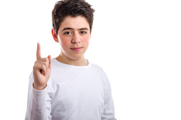Acne Caucasian boy pointing up with right forefinger