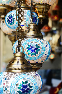 Blue turksh mosaic lanterns at oriental bazaar in Istanbul