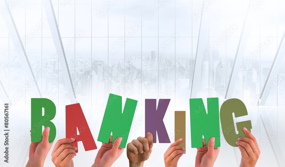 Poster composite image of hands holding up banking