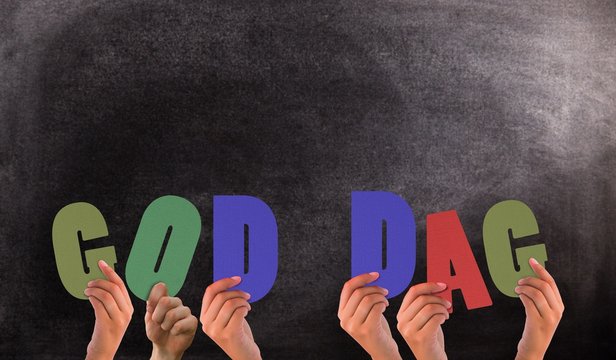 Composite image of hands holding up god dag