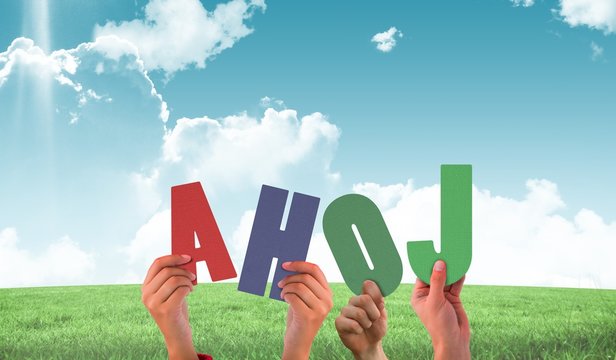 Composite image of hands holding up ahoj