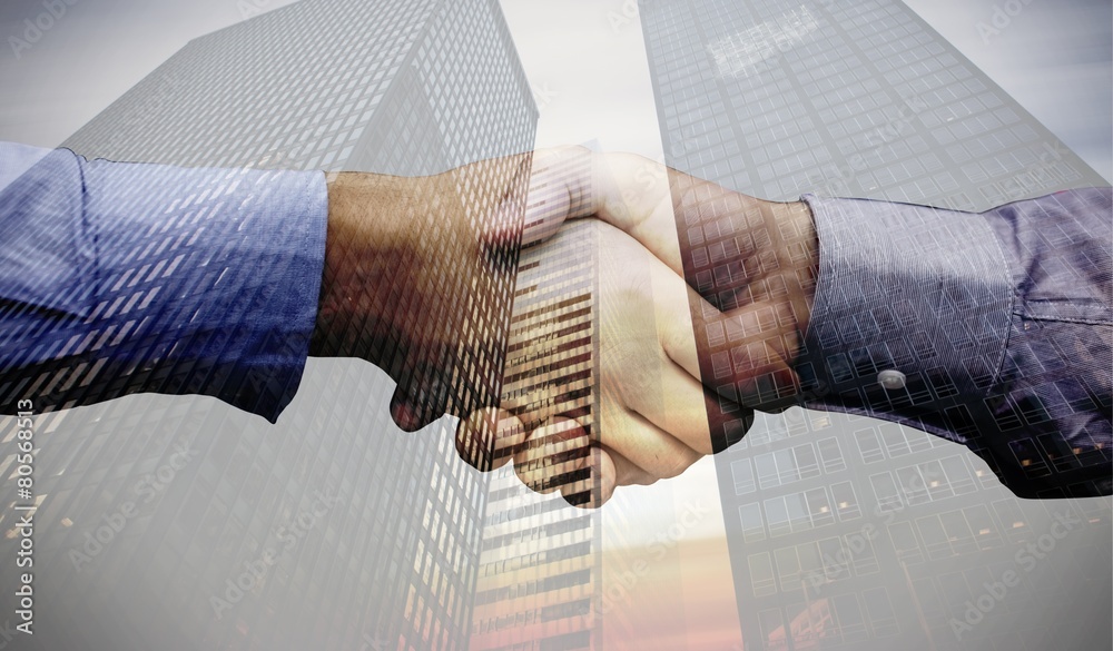 Poster Composite image of hand shake in front of wires