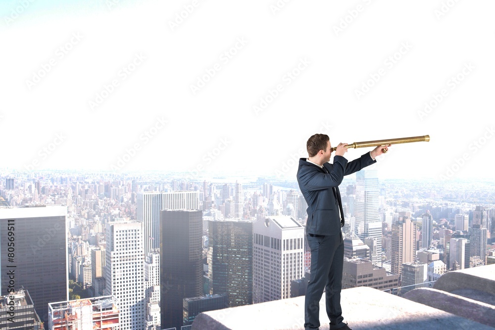 Poster composite image of businessman looking through telescope
