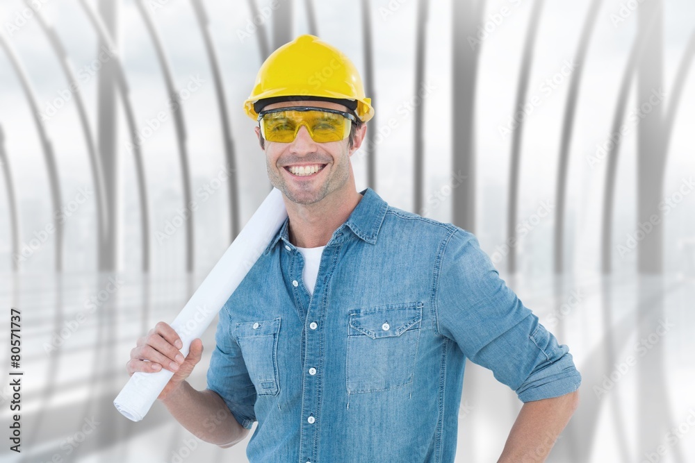 Poster Composite image of architect holding rolled blueprint