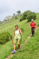 fröhlich wandernde Seniorinnen