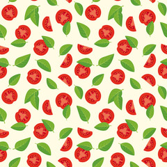 Tomatoes and basil leaves seamless pattern